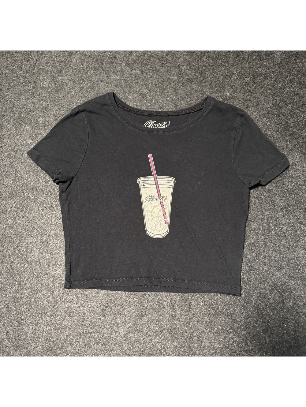 Charli D'Amelio Graphic Crop Top Black Short Sleeve Ice Drink Cup Size XS/SM